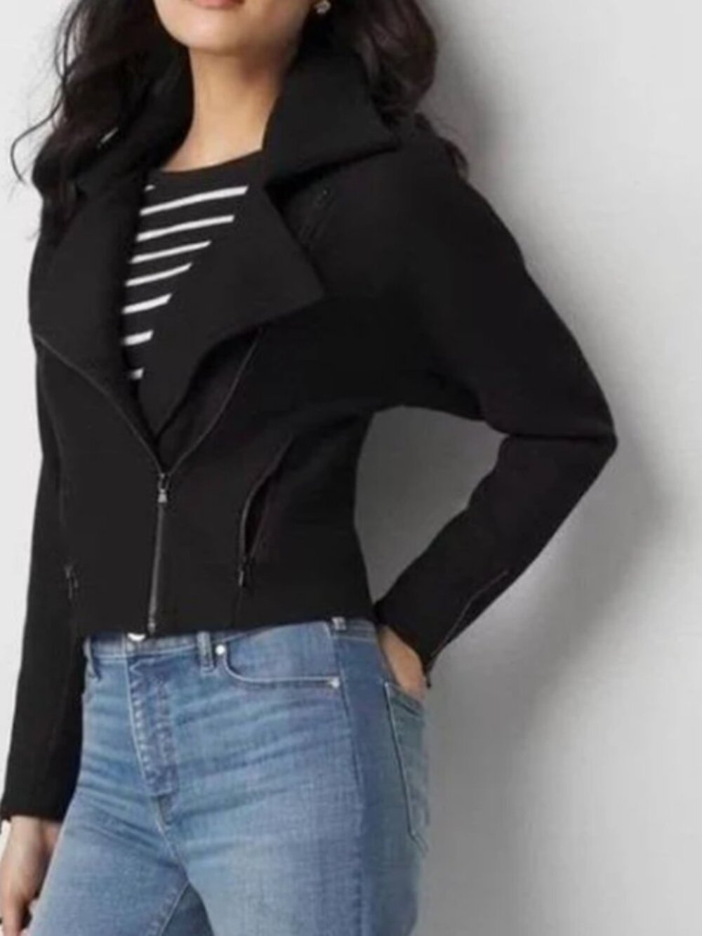 NWOT White House Black Market Asymmetrical Moto Sweater Jacket Black Small